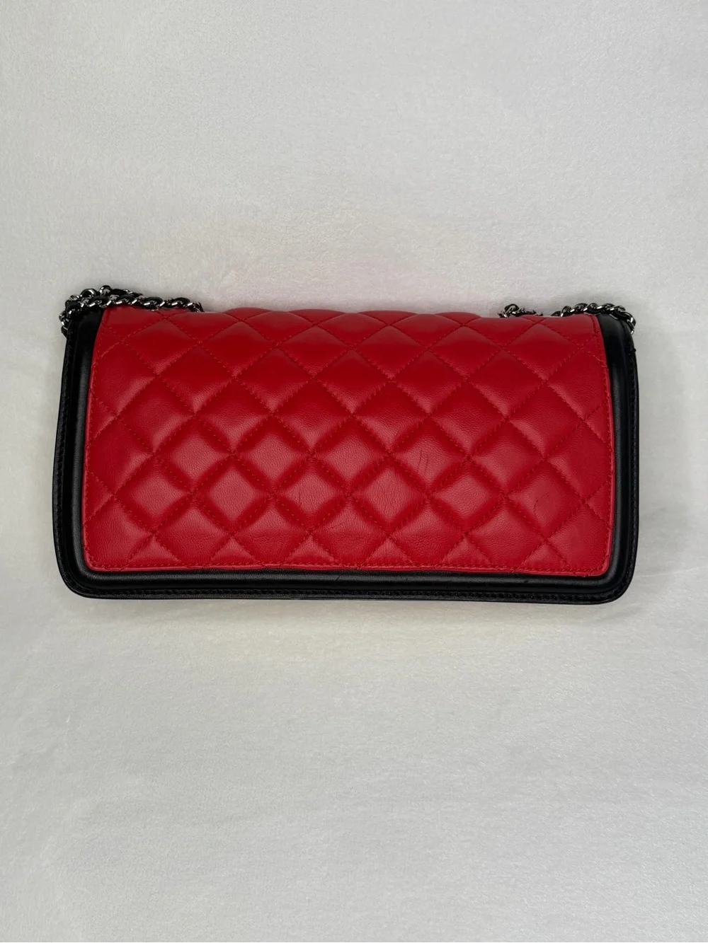 CHANEL Red, Black, and White Quilted Lambskin Single Flap Bag with Chain Strap